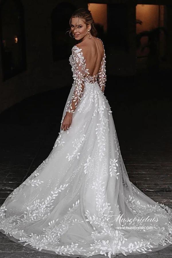 NumberSea Leaves Lace Tulle Long Sleeves Boho Wedding Dresses, Bridal Gown, MW962