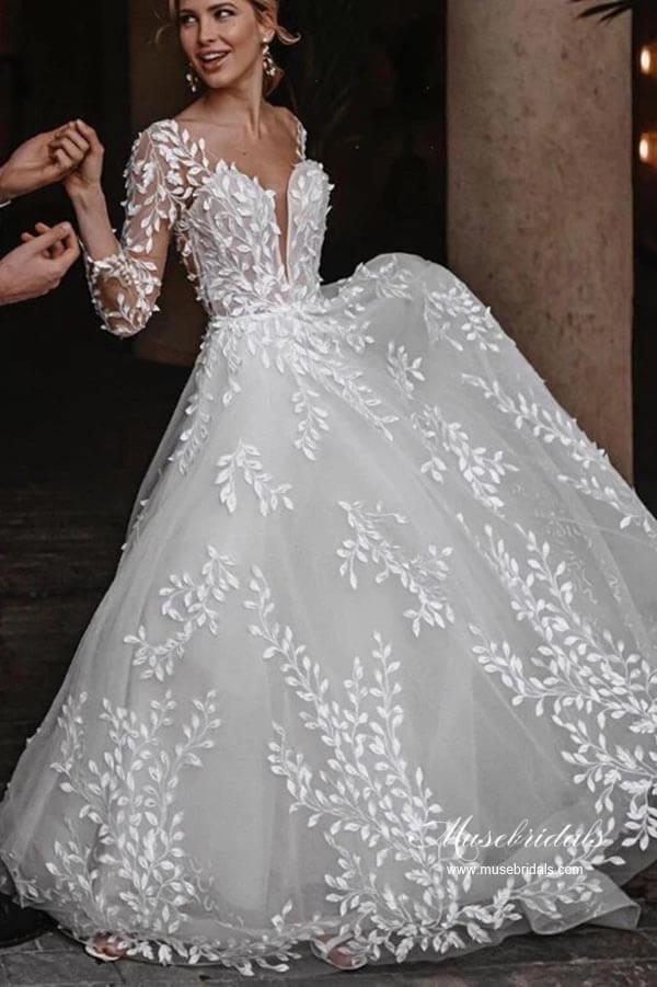 NumberSea Leaves Lace Tulle Long Sleeves Boho Wedding Dresses, Bridal Gown, MW962