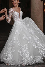 NumberSea Leaves Lace Tulle Long Sleeves Boho Wedding Dresses, Bridal Gown, MW962