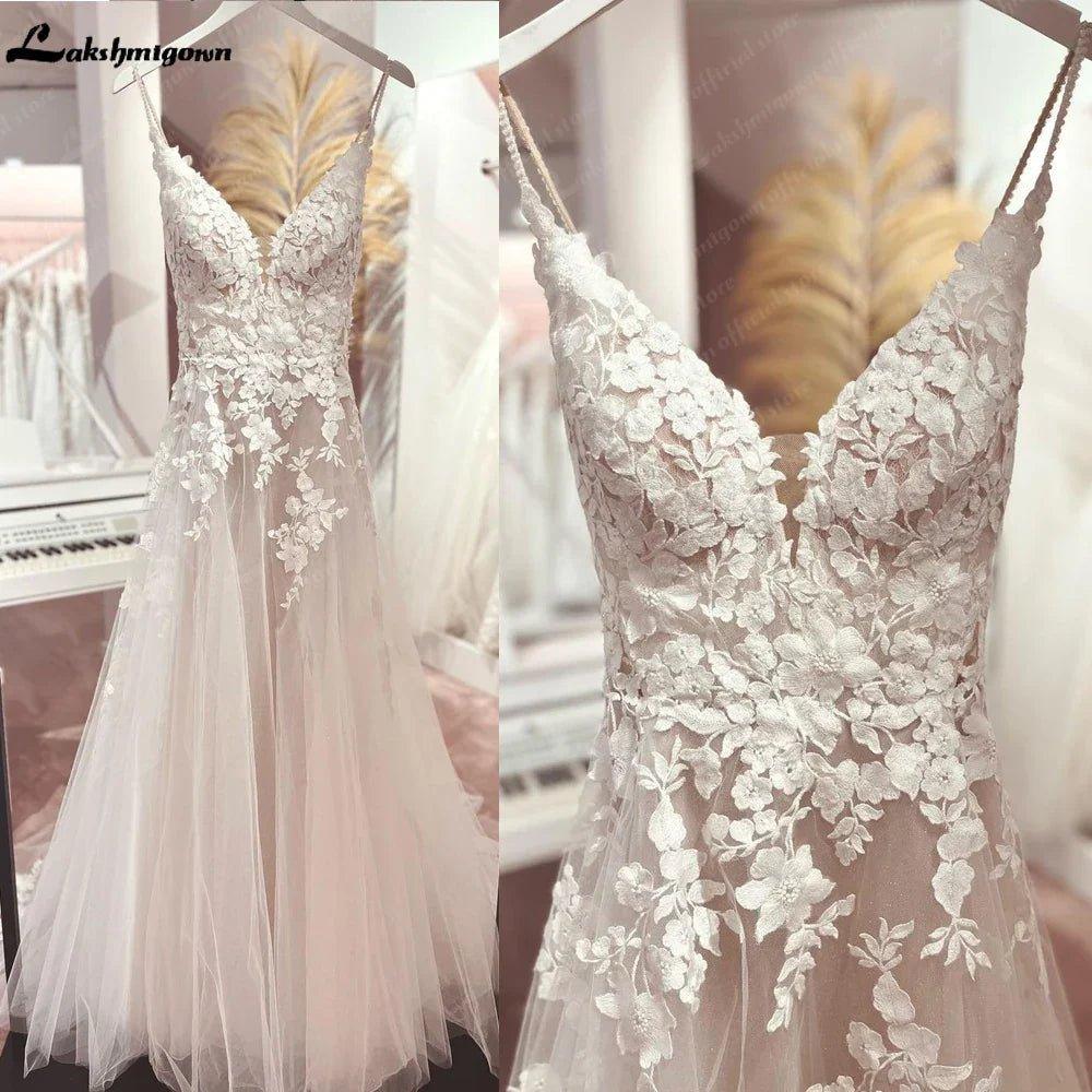 NumberSea Long Boho A-Line Backless Wedding Dress Flowers Spaghetti Straps Bride Dresses Princess Floor Length Wedding Gown