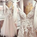 NumberSea Long Boho A-Line Backless Wedding Dress Flowers Spaghetti Straps Bride Dresses Princess Floor Length Wedding Gown
