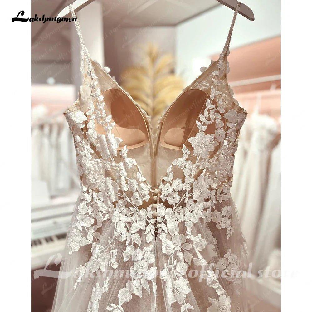 NumberSea Long Boho A-Line Backless Wedding Dress Flowers Spaghetti Straps Bride Dresses Princess Floor Length Wedding Gown