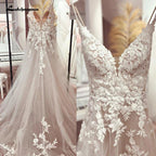 NumberSea Long Boho A-Line Backless Wedding Dress Flowers Spaghetti Straps Bride Dresses Princess Floor Length Wedding Gown