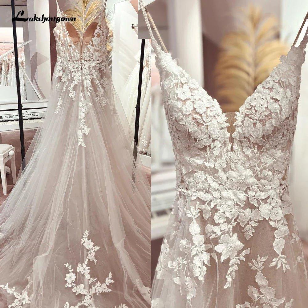 NumberSea Long Boho A-Line Backless Wedding Dress Flowers Spaghetti Straps Bride Dresses Princess Floor Length Wedding Gown