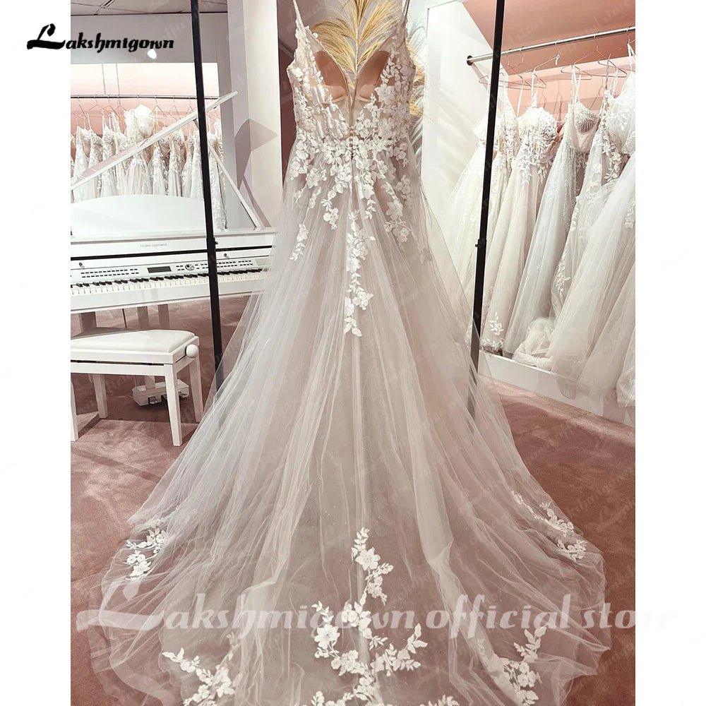 NumberSea Long Boho A-Line Backless Wedding Dress Flowers Spaghetti Straps Bride Dresses Princess Floor Length Wedding Gown