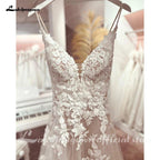 NumberSea Long Boho A-Line Backless Wedding Dress Flowers Spaghetti Straps Bride Dresses Princess Floor Length Wedding Gown