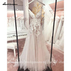 NumberSea Long Boho A-Line Backless Wedding Dress Flowers Spaghetti Straps Bride Dresses Princess Floor Length Wedding Gown