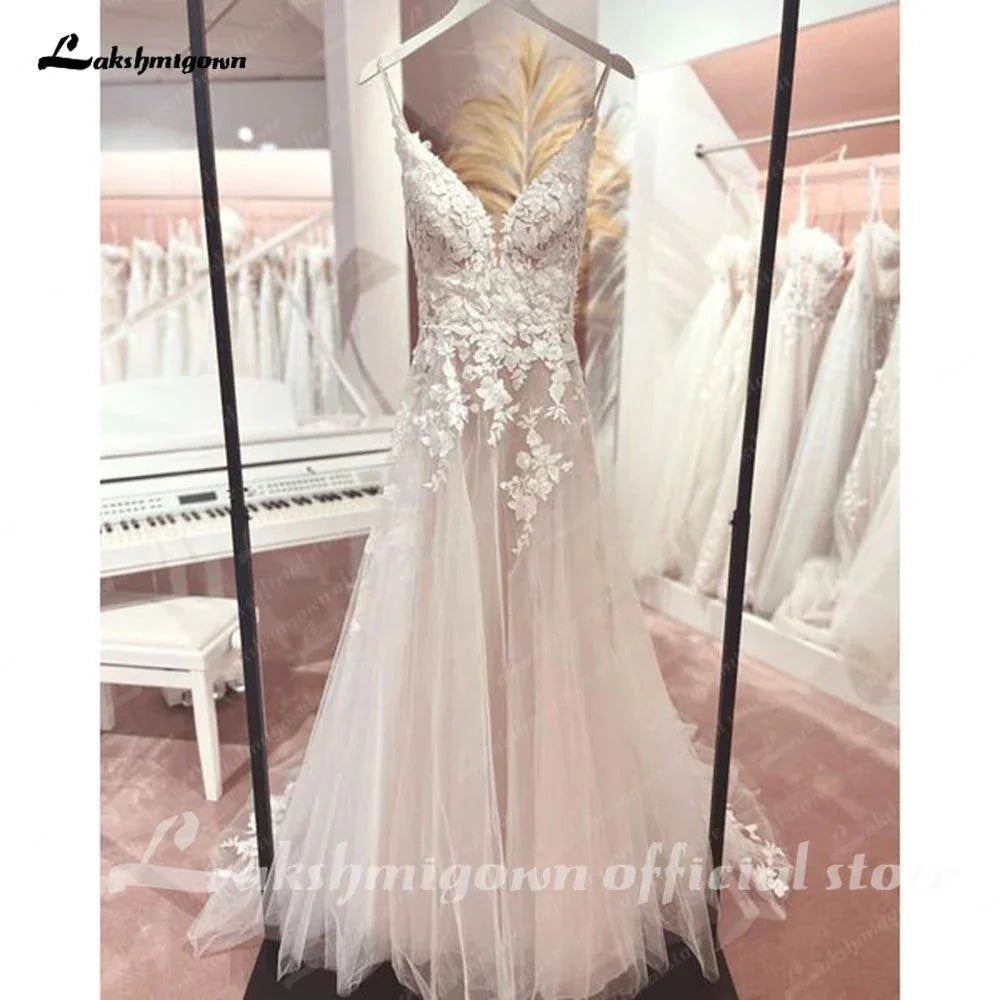 NumberSea Long Boho A-Line Backless Wedding Dress Flowers Spaghetti Straps Bride Dresses Princess Floor Length Wedding Gown