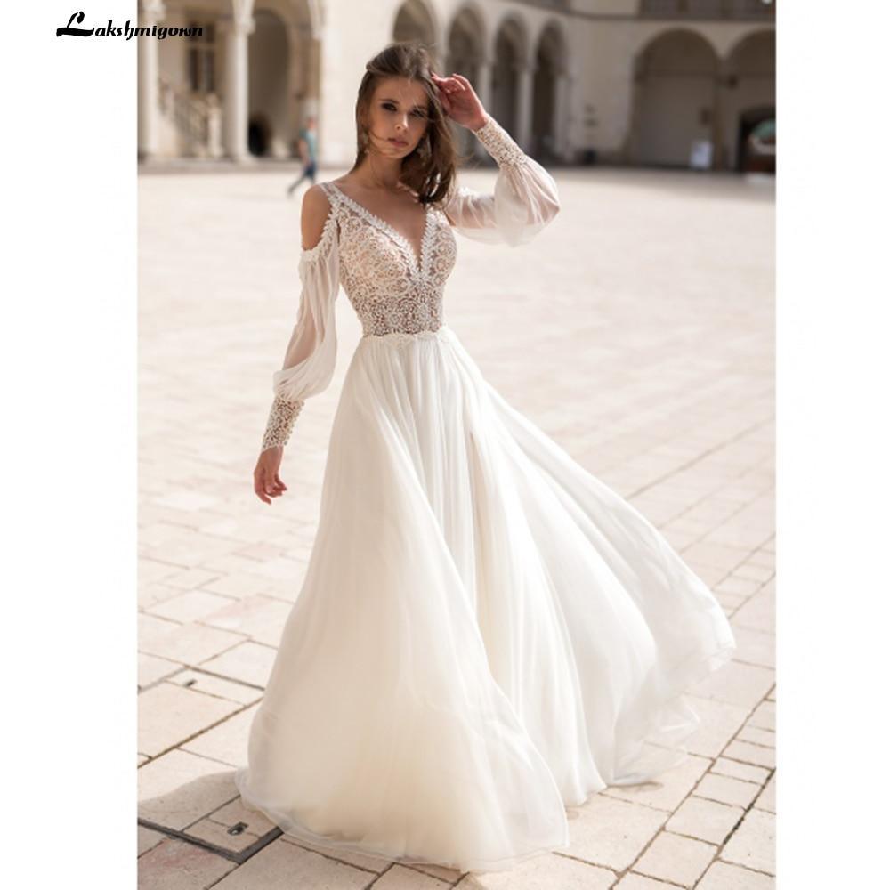 NumberSea Long Puff Sleeves Wedding Dress Lace And Chiffon A Line