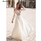NumberSea Long Puff Sleeves Wedding Dress Lace And Chiffon A Line