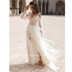 NumberSea Long Puff Sleeves Wedding Dress Lace And Chiffon A Line
