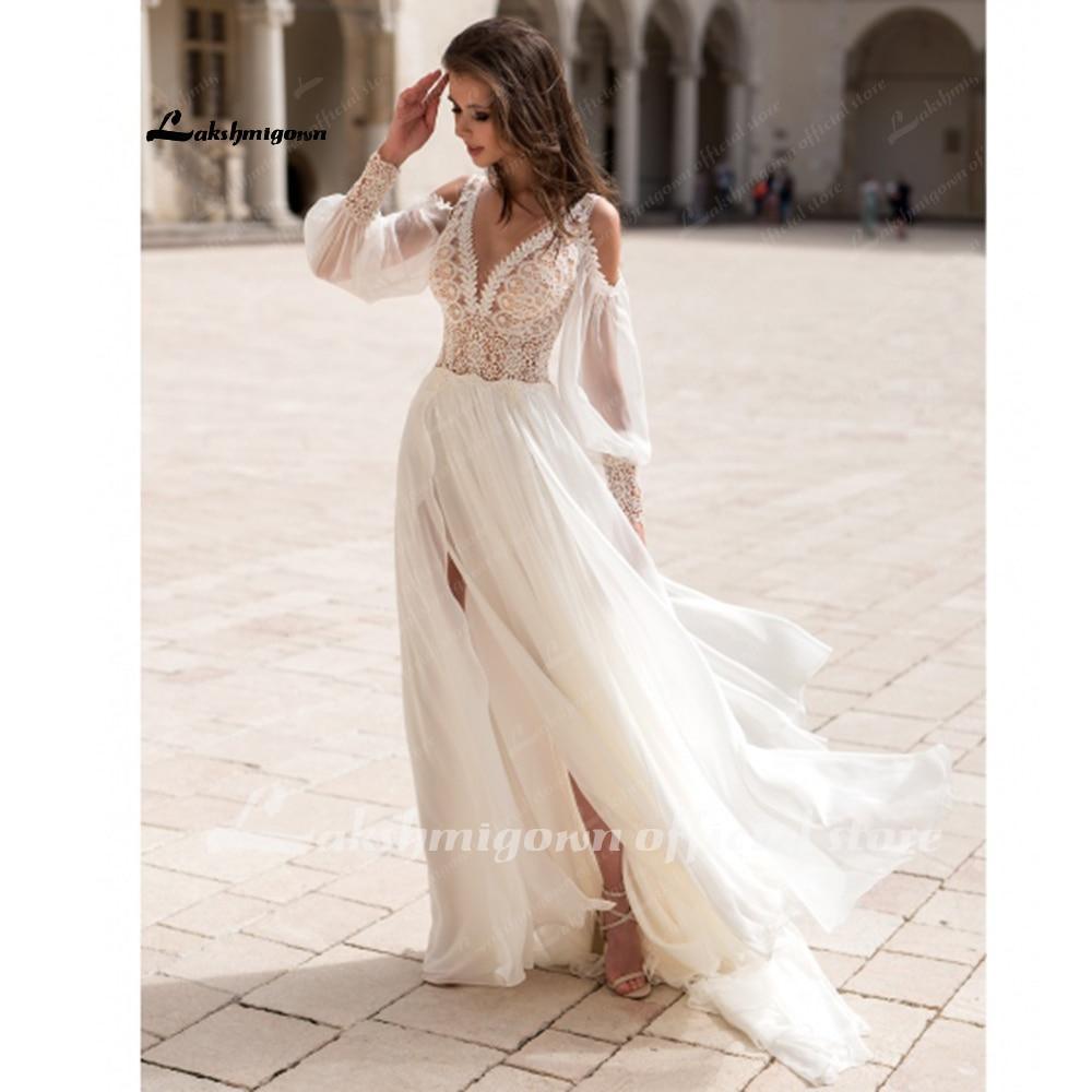 NumberSea Long Puff Sleeves Wedding Dress Lace And Chiffon A Line