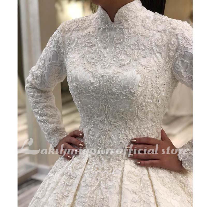 NumberSea Long Sleeve Arabic Wedding Dresses Beaded Pearls Lace Bridal Gowns