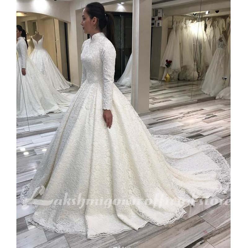 NumberSea Long Sleeve Arabic Wedding Dresses Beaded Pearls Lace Bridal Gowns
