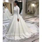 NumberSea Long Sleeve Arabic Wedding Dresses Beaded Pearls Lace Bridal Gowns