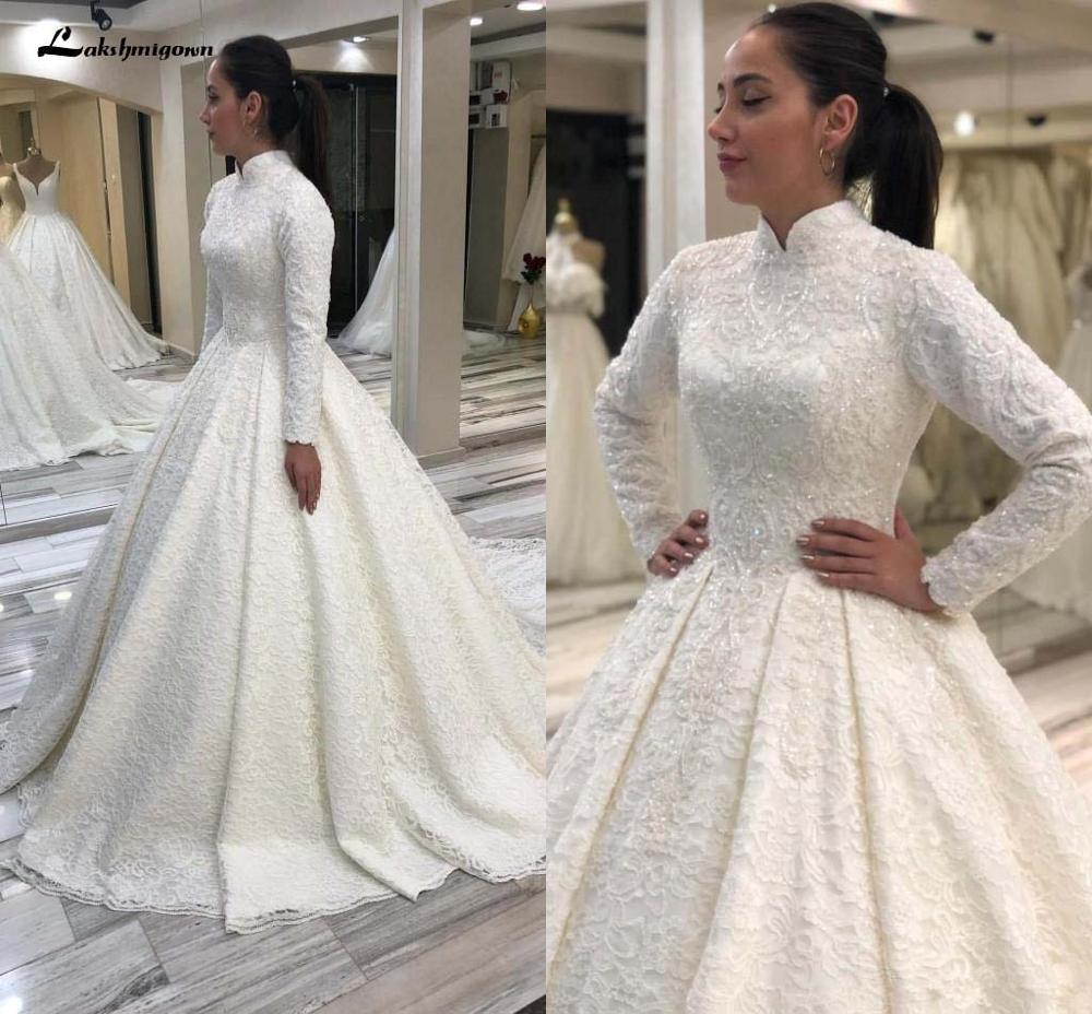 NumberSea Long Sleeve Arabic Wedding Dresses Beaded Pearls Lace Bridal Gowns