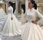 NumberSea Long Sleeve Arabic Wedding Dresses Beaded Pearls Lace Bridal Gowns