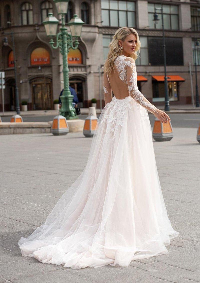 NumberSea Long Sleeve Boho Wedding Dresses V Neck Backless Ivory Lace Appliques Beach Bridal Gowns Bohemian Wedding Dresses Custom Made