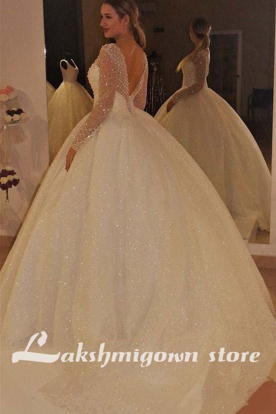 NumberSea Long Sleeve Wedding Dresses Backless Sweep Train