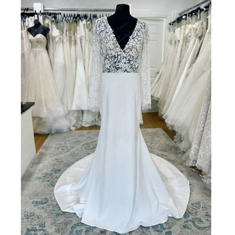 NumberSea Long Sleeves Crepe Wedding Gowns 2025 Robe Boheme Lace Deep V Neck Appliques A Line Boho Bridal Dress