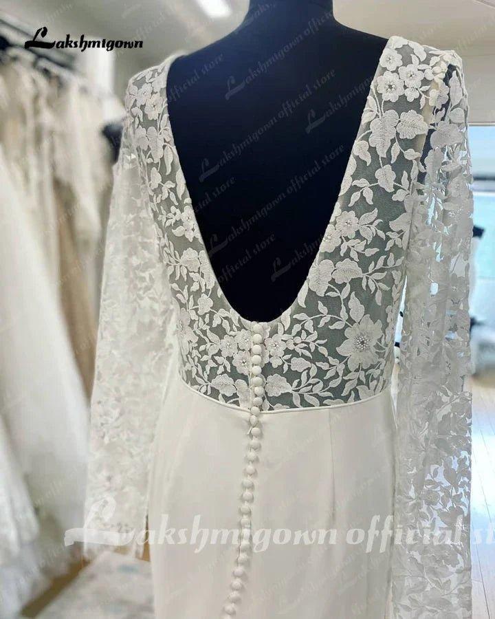 NumberSea Long Sleeves Crepe Wedding Gowns 2025 Robe Boheme Lace Deep V Neck Appliques A Line Boho Bridal Dress