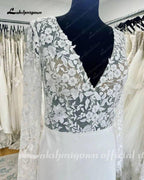 NumberSea Long Sleeves Crepe Wedding Gowns 2025 Robe Boheme Lace Deep V Neck Appliques A Line Boho Bridal Dress