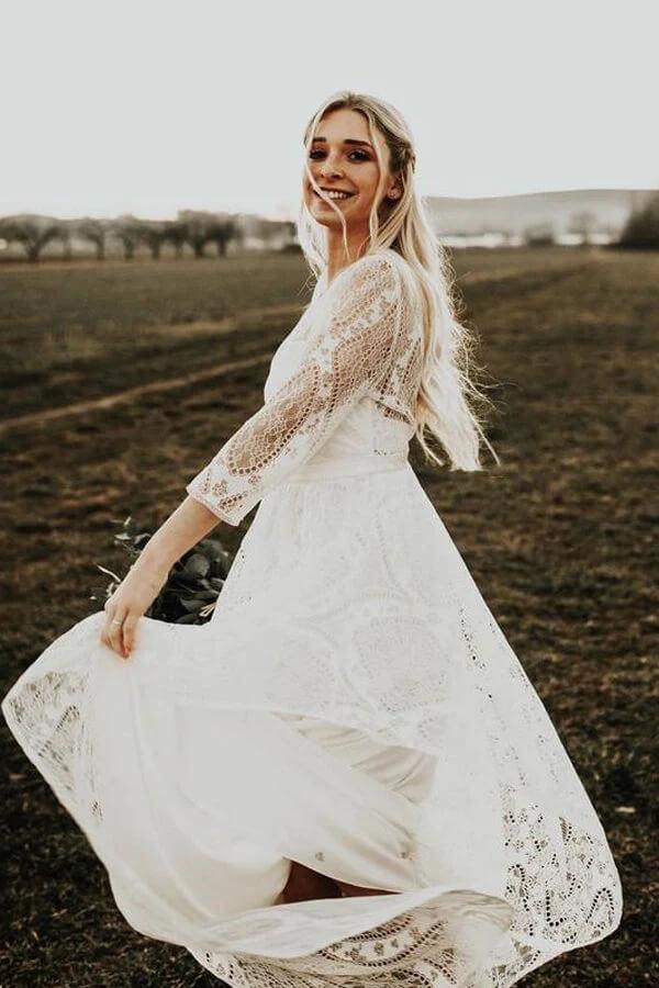 NumberSea Long Sleeves Lace A-line Rustic Wedding Dresses, Wedding Gowns, MW847