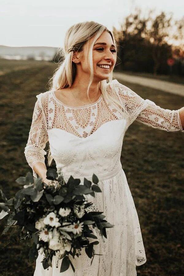 NumberSea Long Sleeves Lace A-line Rustic Wedding Dresses, Wedding Gowns, MW847