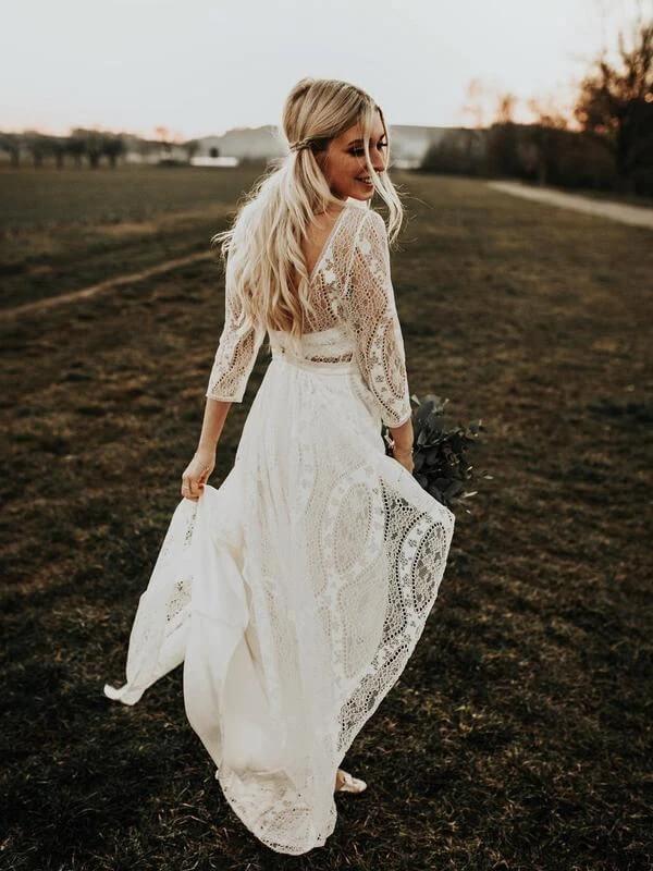NumberSea Long Sleeves Lace A-line Rustic Wedding Dresses, Wedding Gowns, MW847