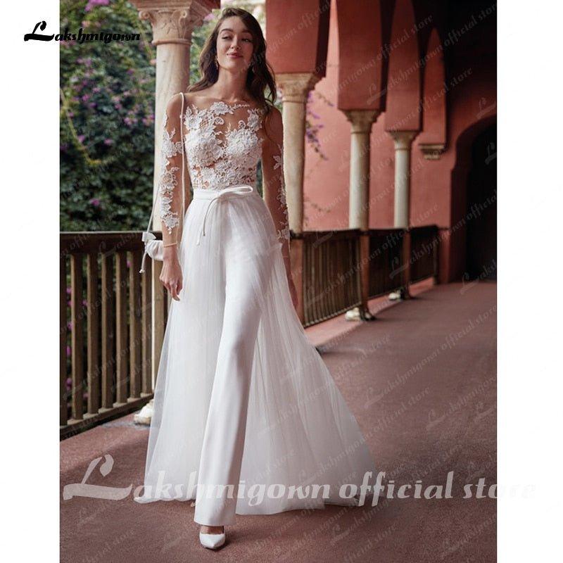 NumberSea Long Sleeves Lace Jumpsuits Wedding Dresses With Detachable Train Soft Satin White bridal gown Vestido De Noiva