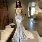 NumberSea Long Sleeves Lace Mermaid Wedding Dress Scoop Gelinlik Vestido De Noiva Court Train White Long Bride Dresses trouwjurk