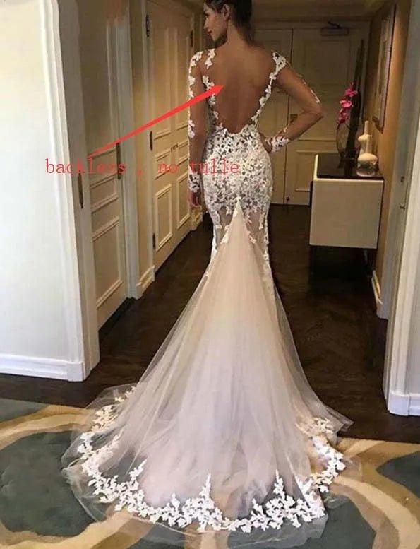 NumberSea Long Sleeves Lace Mermaid Wedding Dress Scoop Gelinlik Vestido De Noiva Court Train White Long Bride Dresses trouwjurk