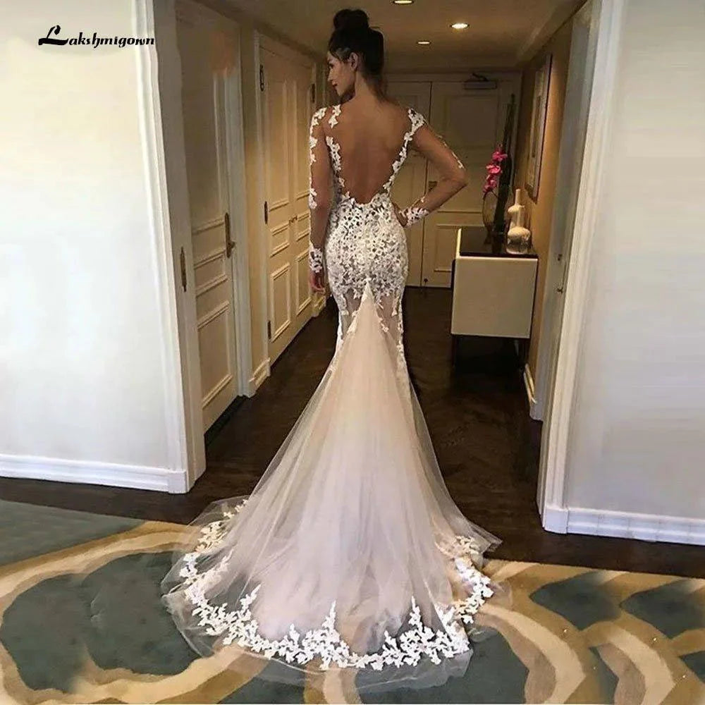 NumberSea Long Sleeves Lace Mermaid Wedding Dress Scoop Gelinlik Vestido De Noiva Court Train White Long Bride Dresses trouwjurk