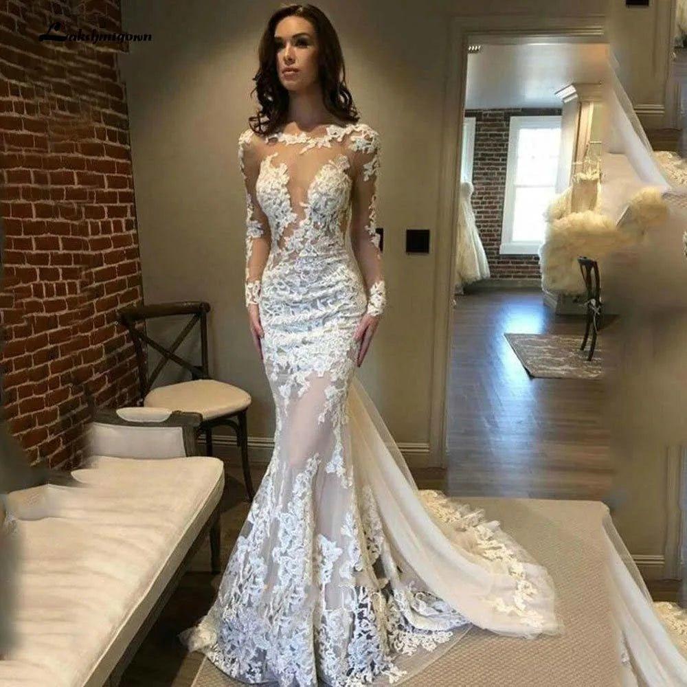 NumberSea Long Sleeves Lace Mermaid Wedding Dress Scoop Gelinlik Vestido De Noiva Court Train White Long Bride Dresses trouwjurk
