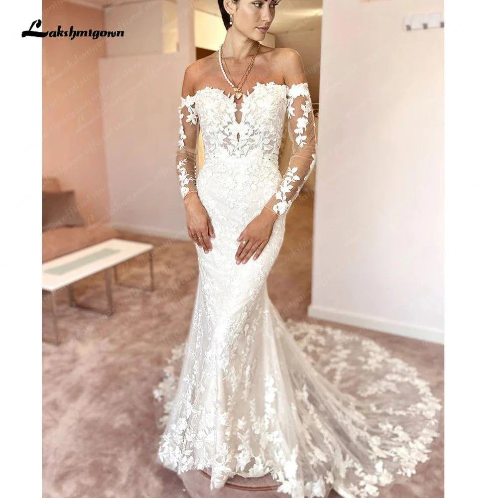 NumberSea Long Sleeves Mermaid Boho Wedding Dress 2025 Off Shoulder Court Train Bridal Gowns vestidos para mujer