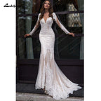 NumberSea Long Sleeves Mermaid Wedding Dress Champagne Lace Appliques Boho Bridal Gown  vestido para boda playa