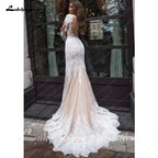 NumberSea Long Sleeves Mermaid Wedding Dress Champagne Lace Appliques Boho Bridal Gown  vestido para boda playa