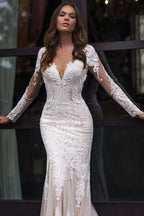 NumberSea Long Sleeves Mermaid Wedding Dress Champagne Lace Appliques Boho Bridal Gown  vestido para boda playa