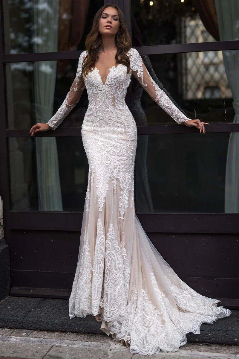 NumberSea Long Sleeves Mermaid Wedding Dress Champagne Lace Appliques Boho Bridal Gown  vestido para boda playa