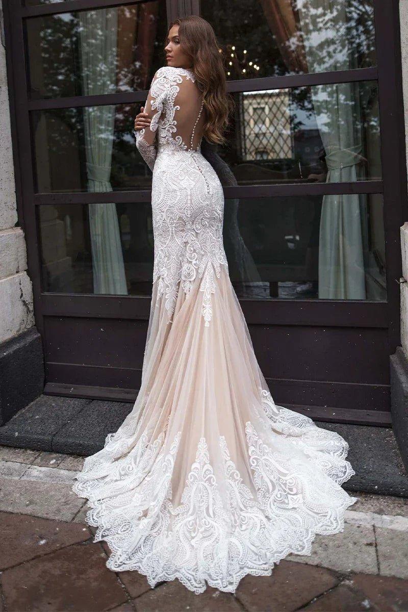 NumberSea Long Sleeves Mermaid Wedding Dress Champagne Lace Appliques Boho Bridal Gown  vestido para boda playa