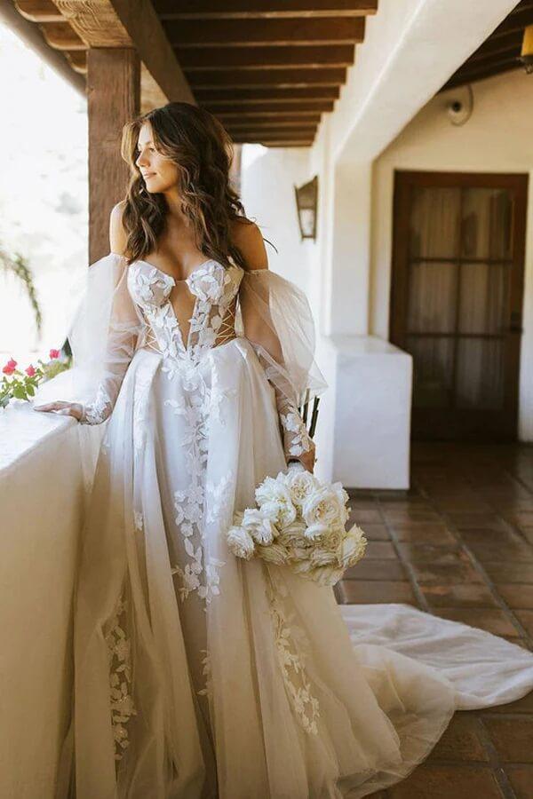 NumberSea Long Sleeves Off Shoulder Bohemian Wedding Dress With Lace Appliques, MW825
