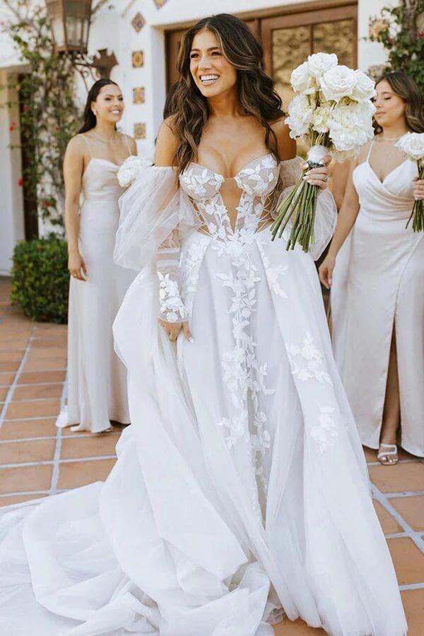 NumberSea Long Sleeves Off Shoulder Bohemian Wedding Dress With Lace Appliques, MW825