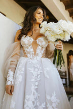 NumberSea Long Sleeves Off Shoulder Bohemian Wedding Dress With Lace Appliques, MW825