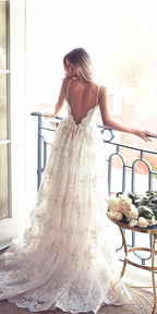 NumberSea Luxurious Open Back Sweetheart Spaghetti Lace Wedding Dresses With Appliques, MW192