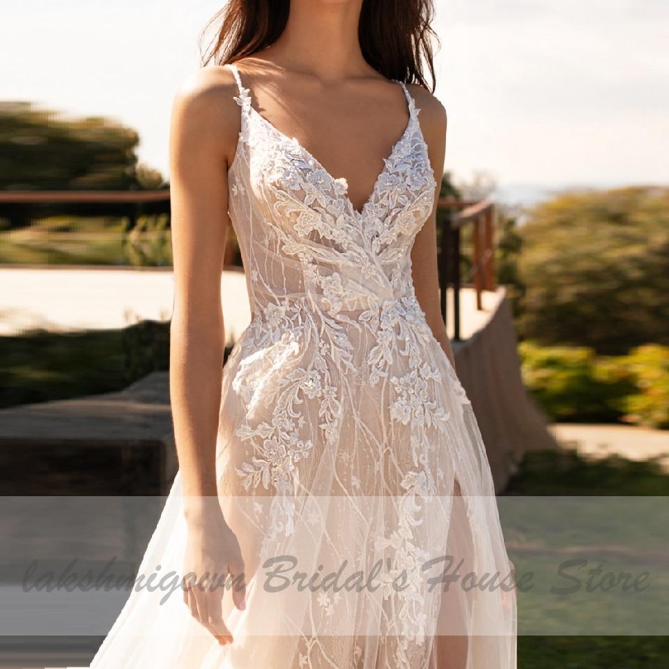 NumberSea Luxury Beaded Lace Bohemian Wedding Dress Spaghetti Straps Sexy