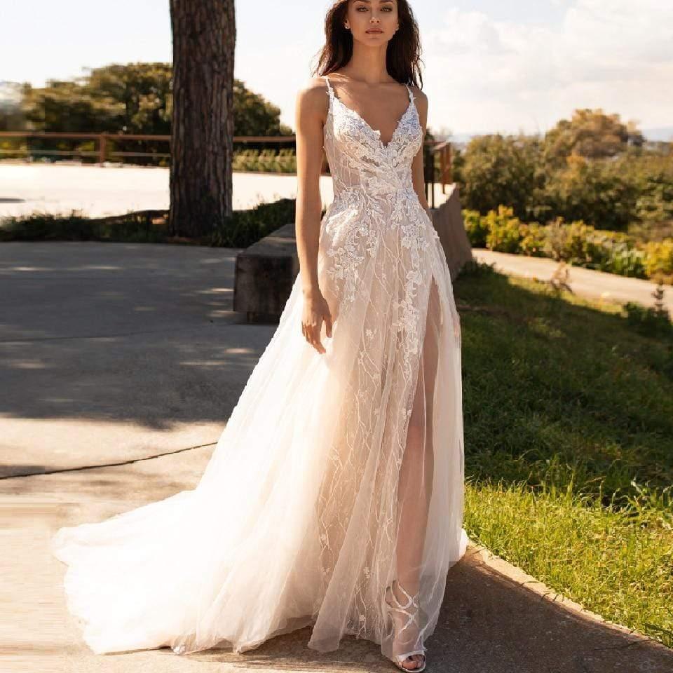 NumberSea Luxury Beaded Lace Bohemian Wedding Dress Spaghetti Straps Sexy