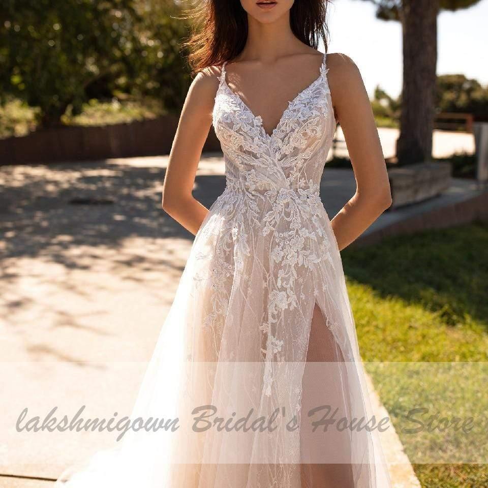 NumberSea Luxury Beaded Lace Bohemian Wedding Dress Spaghetti Straps Sexy