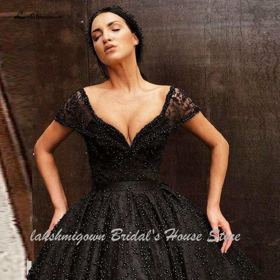 NumberSea Luxury Black Pearls Wedding Dress Floor Length