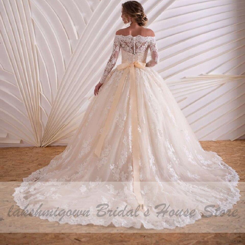NumberSea Luxury Champagne Wedding Dress Long Sleeve Lace Elegant