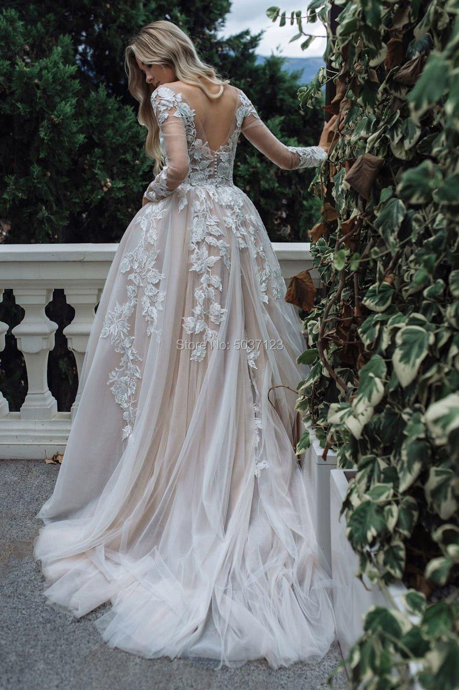 NumberSea Luxury Long Sleeves Wedding Dresses 2024 A Line V Neck Bridal Wedding Gown Lace Appliques Floor Length